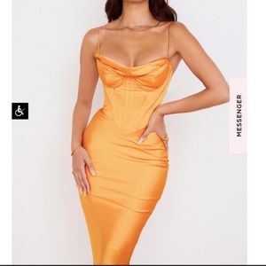 House of CB TANGERINE SATIN CORSET MIDI DRESS